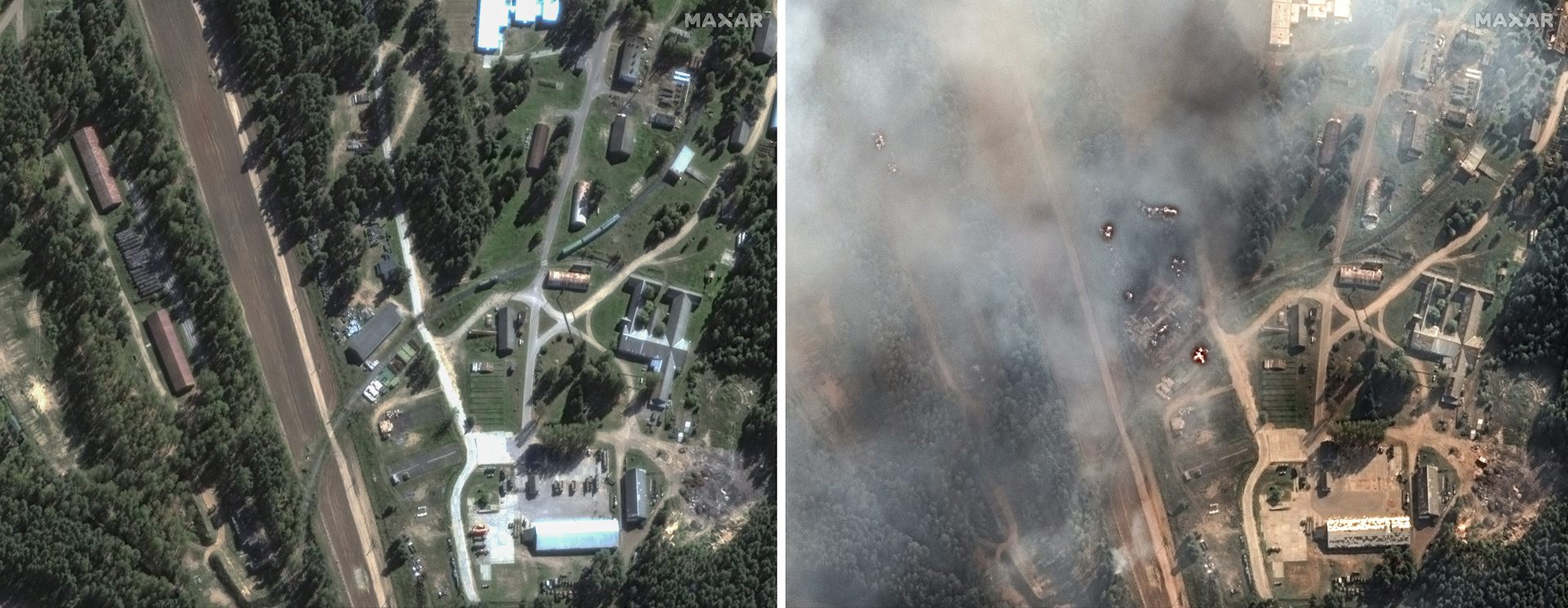 A combination satellite photo shows an ammunition depot before and after a drone attack. The after photos shows smoke and destruction.