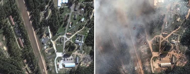A combination satellite photo shows an ammunition depot before and after a drone attack. The after photos shows smoke and destruction.