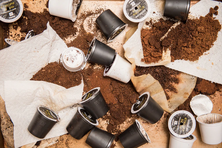 Coffee pods and grounds scattered on a table top