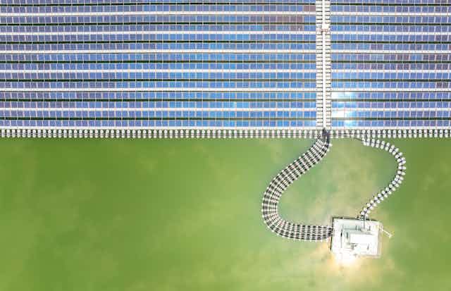 Floating solar panels on a pond