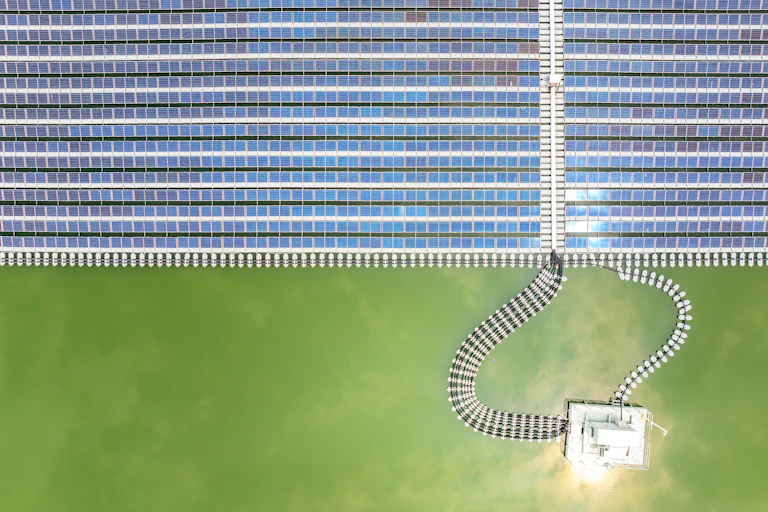 Floating solar panels on a pond