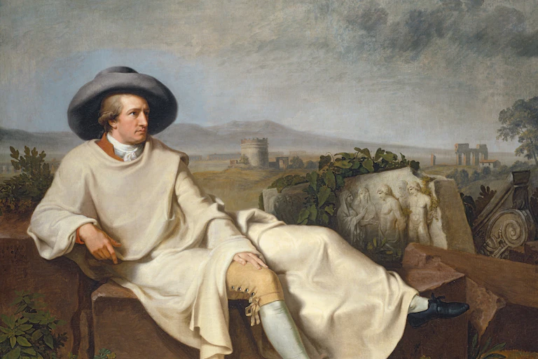 Painting of man in late 18th-century clothes sitting outdoors in the country