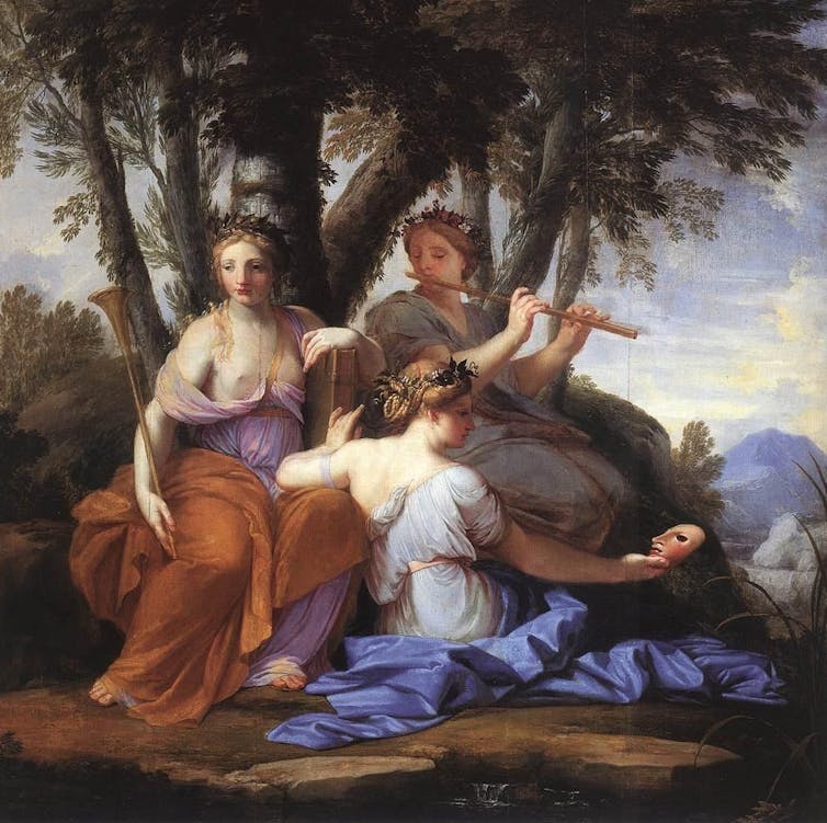 Painting of three muses playing music and looking at dramatic masks