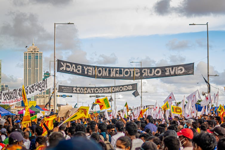 A crowd of protesters demonstrating against the government in Sri Lanka.