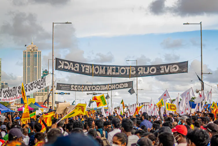 A crowd of protesters demonstrating against the government in Sri Lanka.