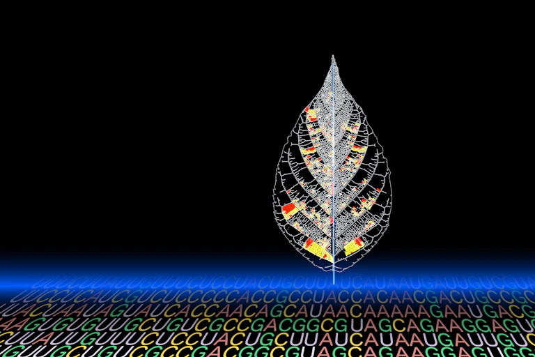 A leaf pictured over lines of DNA code.