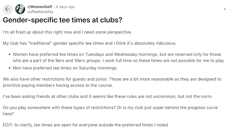 A poster on the Reddit forum, r/WomenGolf, has queried the different options for men and women's golfers.