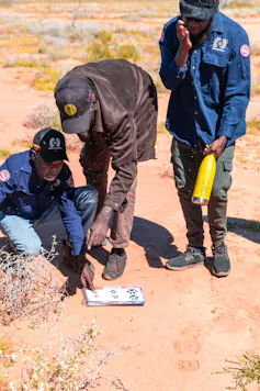 Three people comparing tracks in the sand to options on paper record sheets.