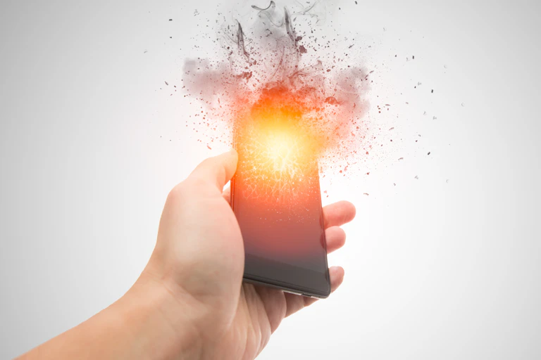 AI generated picture of a mobile phone exploding in a user's hand.