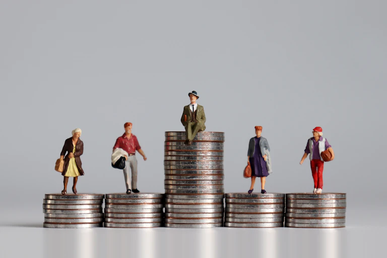 Models of people sitting on stacks of coins.