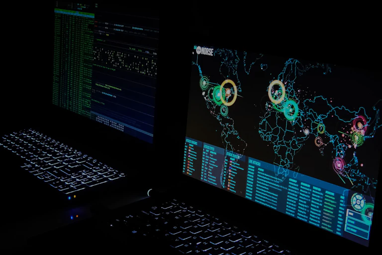 Two computer monitors, one displaying a map of the world, are visible in darkness.