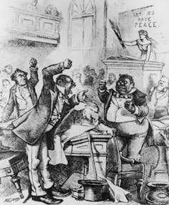 In this cartoon published in 1874, two Black legislators are arguing under a sign that reads 'let us have peace.'