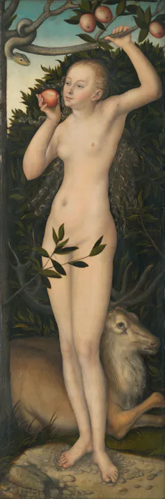 Pintura que muestra a Eva desnuda con la manzana en la mano y una serpiente enrollada en la rama del manzano
