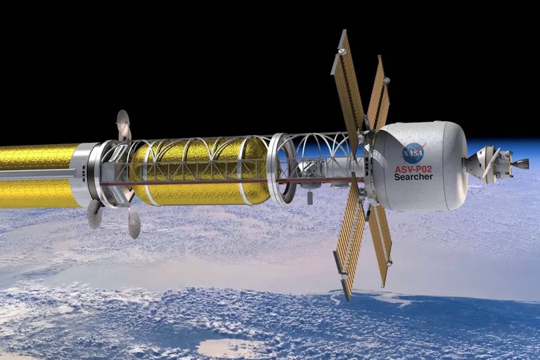 An illustration of a spacecraft powered by nuclear thermal propulsion. It is cylindrical with four solar panels coming off it.