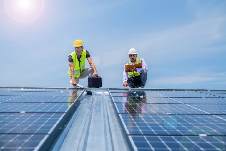 Two technicians in high-viz vests and hard hats check a rooftop solar system