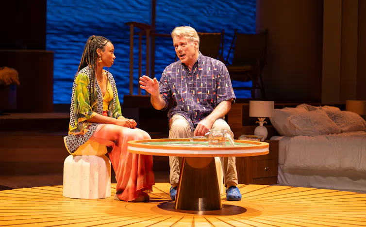 Production image, father and daughter talk.