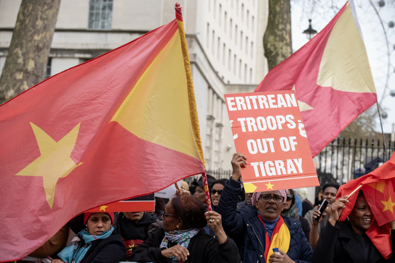 A crowd of people holding up flags with a yellow star and triangle against a red background, with a placard at the front written 'Eritrean troops out of Tigray'.