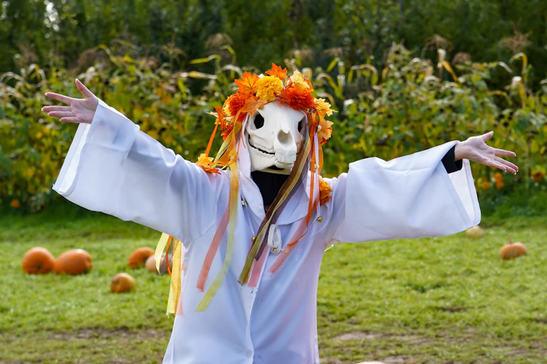 A person dressed in a white coat wearing a horses skull on their head.