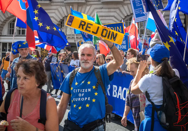 anti-brexit campaigners waving flags