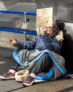 A man sitting on the ground holding a cardboard sign that reads veteran army homeless please help