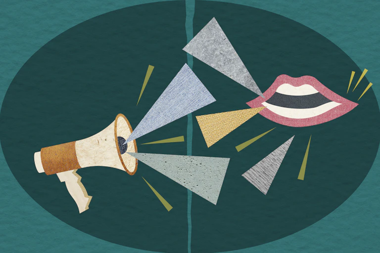 An illustration shows a megaphone and a mouth making noise at the same time.