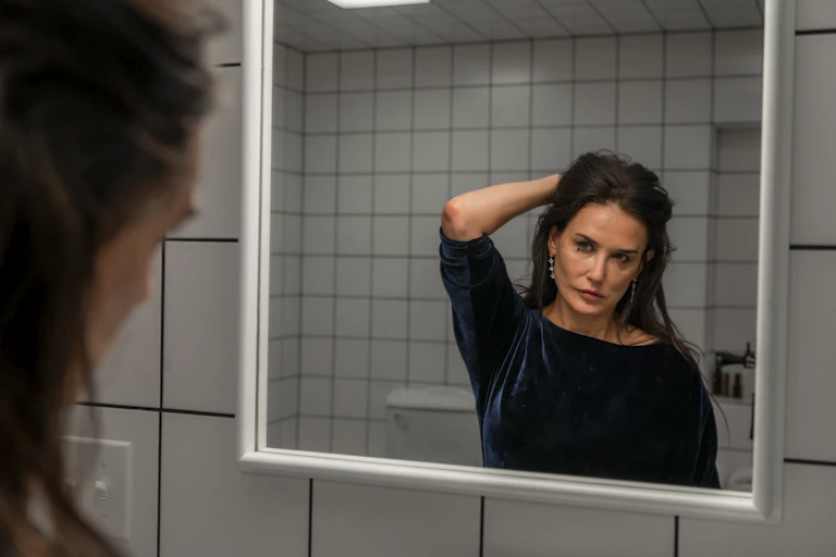 Demi Moore looks in a mirror.