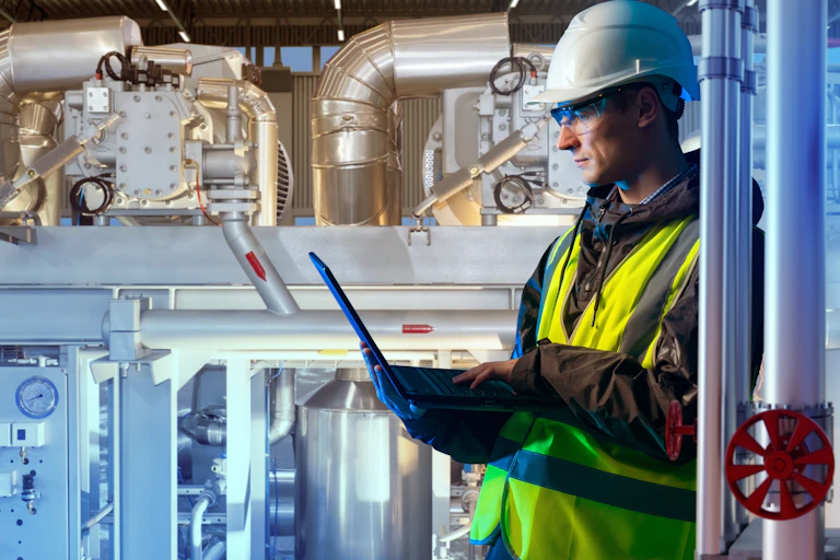 Dans un décor industriel, un homme travaille sur un ordinateur portable.