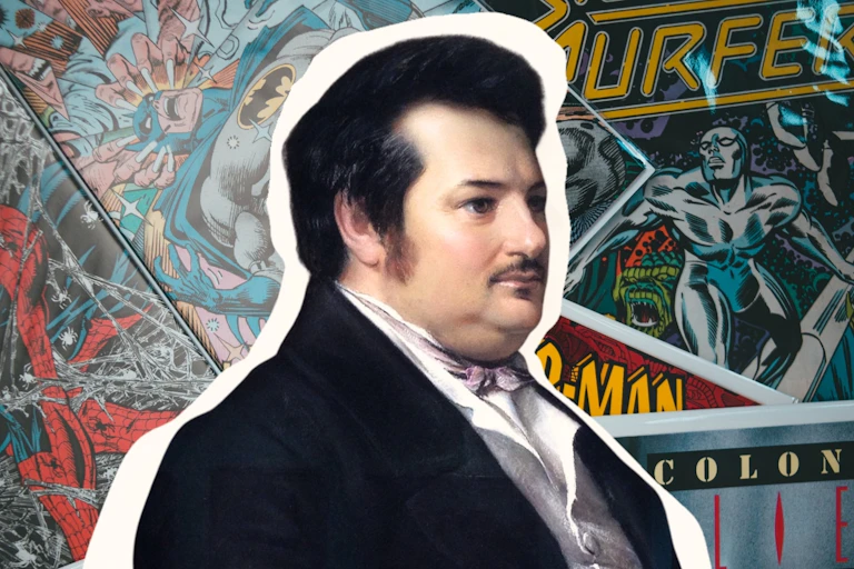 Balzac over a comic book backdrop