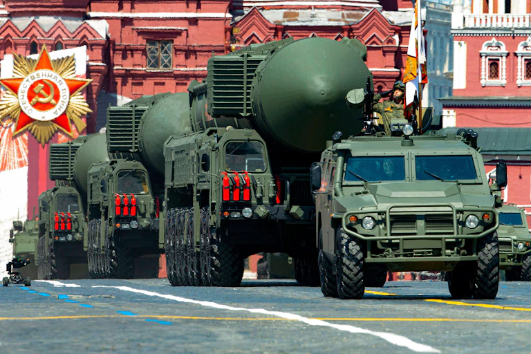 Russian RS-24 Yars ballistic missiles roll in Red Square during the Victory Day military parade in Moscow, Russia, on June 24, 2020.