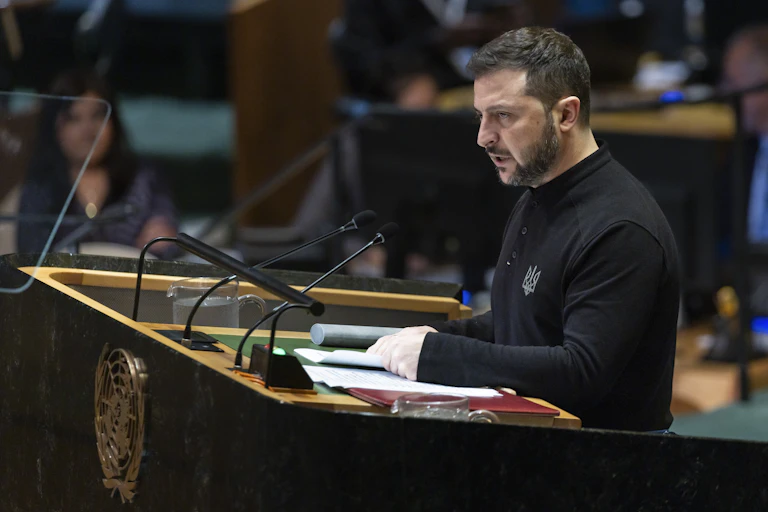 Ukrainian president Volodymyr Zelensky delivers an address from the speakers' podium at the United Nations general assembly in New York, Septemer 2024.