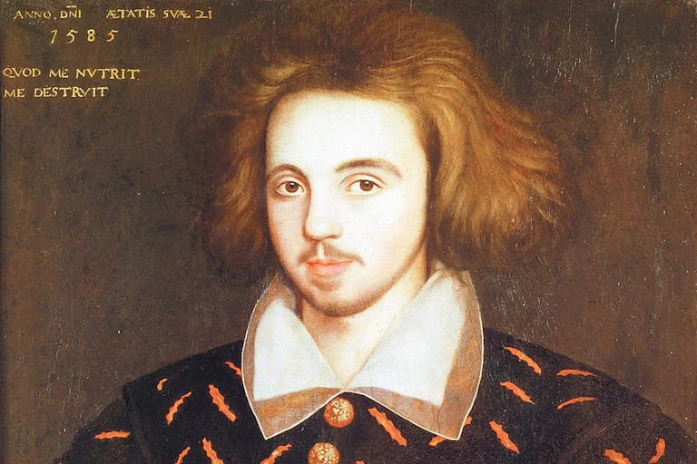 Painting of an Elizabethan man with long hair and a moustache