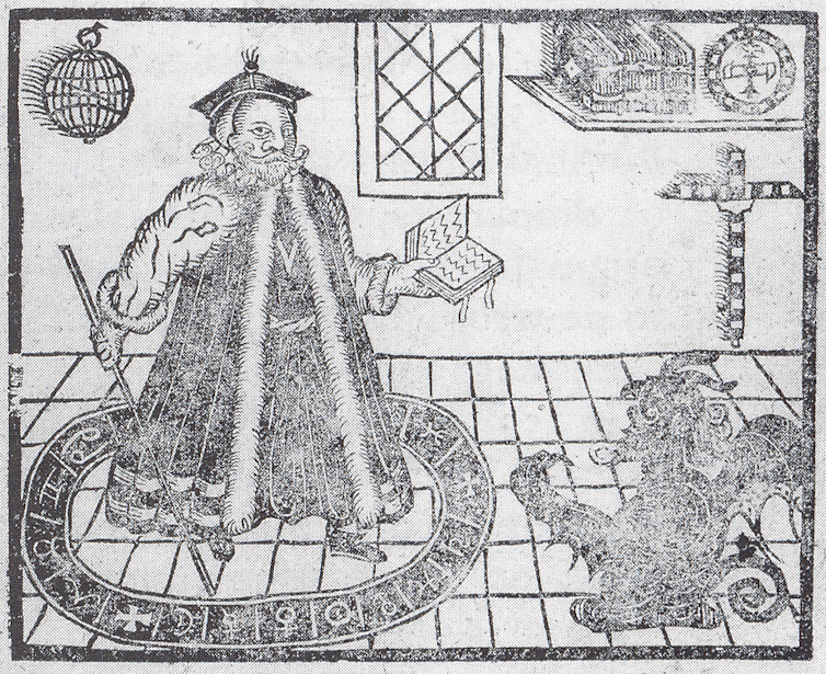 A woodcut illustration of a devil coming up through a trapdoor.