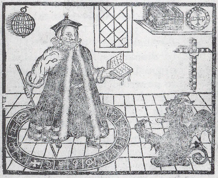 A woodcut illustration of a devil coming up through a trapdoor.