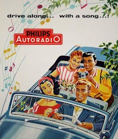 Colorful print advertisment featuring four people in a convertible with musical notes emerging from the car.