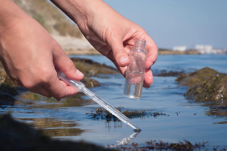 close up of person's hands collecting water sample, rocky coast in background