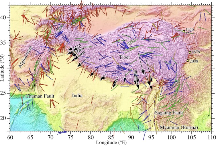 Map showing earthquakes that have occurred in the Himalayan region.