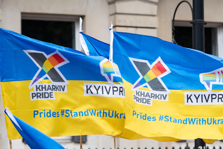 Pro-Ukraine LGBTQ flags at a Pride march in London.