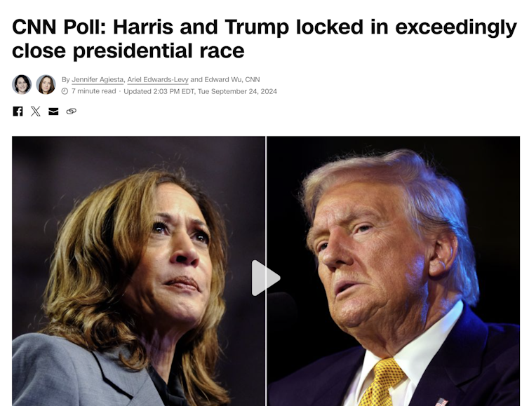 Screenshot that says 'CNN Poll: Harris and Trump locked in exceedingly close presidential race.'