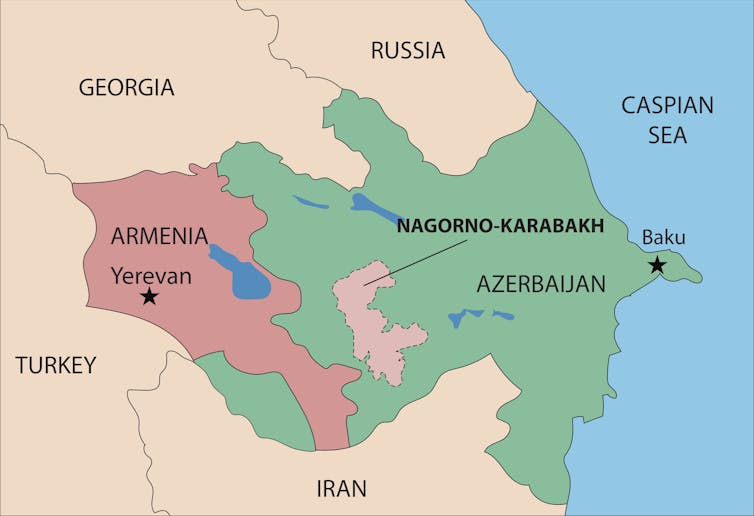 A grey outline map showing the location of Nagorno-Karabakh.