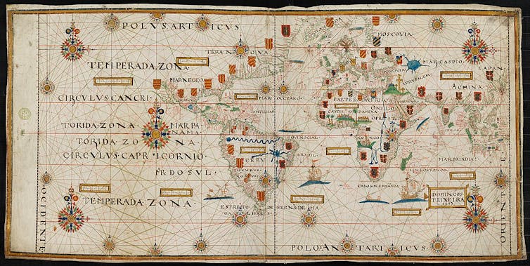 A faded map of the world with small flag icons on different areas.