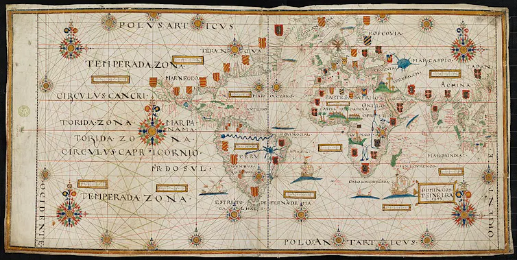 A faded map of the world with small flag icons on different areas.