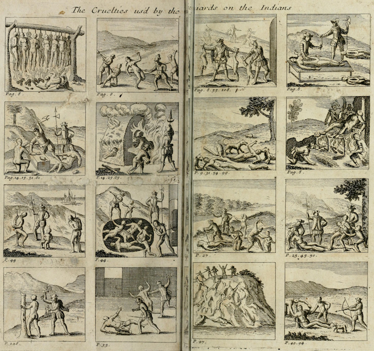 A faded, sepia-colored double page of a book, showing sixteen small ink illustrations.