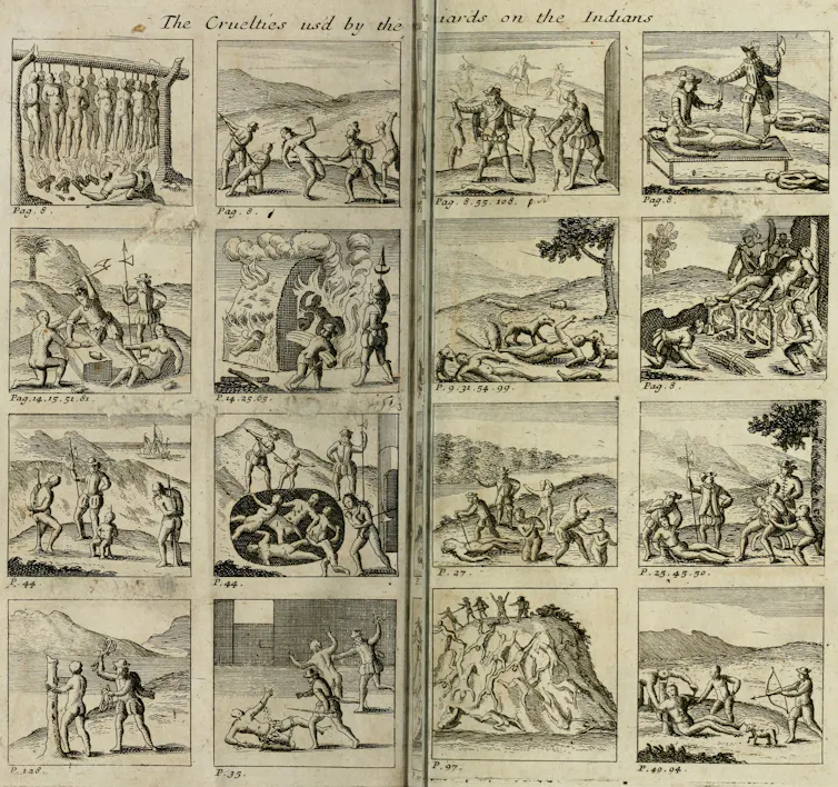 A faded, sepia-colored double page of a book, showing sixteen small ink illustrations.