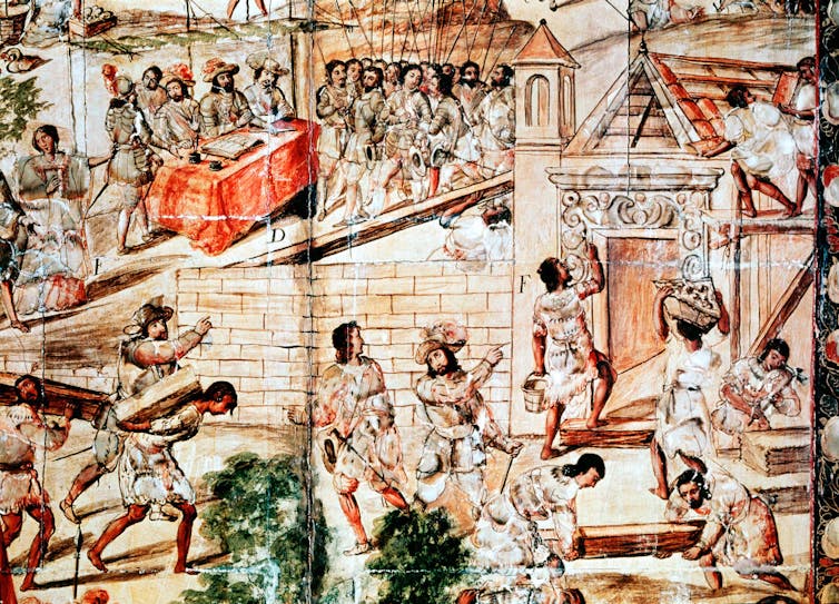 A faded but colorful illustration of men constructing city walls while men in fancier clothing direct them.