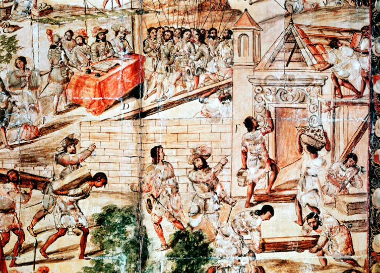 A faded but colorful illustration of men constructing city walls while men in fancier clothing direct them.