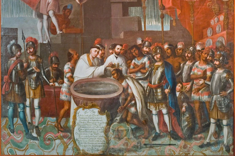 A painting of soldiers in ornate uniforms standing around a kneeling man whose head a priest is dousing with water.