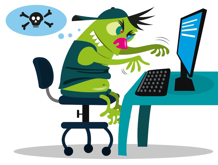 A cartoon of a troll typing angry messages on a computer.
