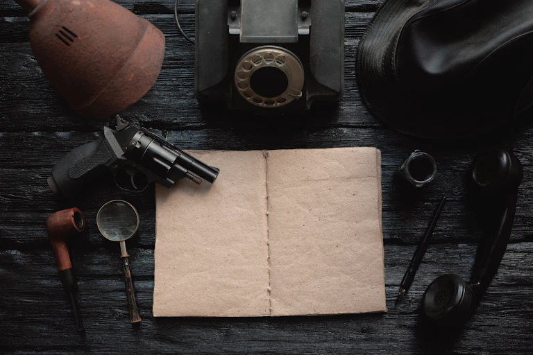 An empty book is surrounded by a gun, a magnifying glass and other tools used by private detectives.