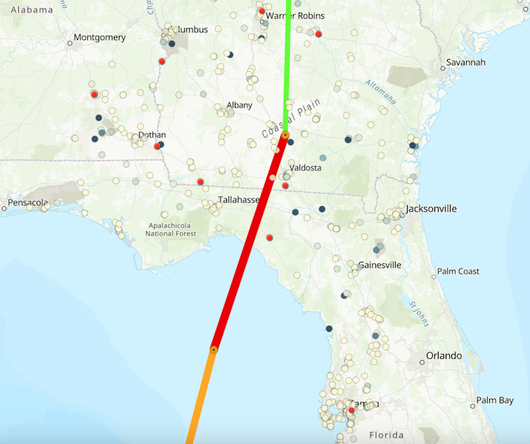 A map shows Helene's storm track as it moved over Florida and part of Georgia to highlight where industrial facilities that release toxic materials are located.