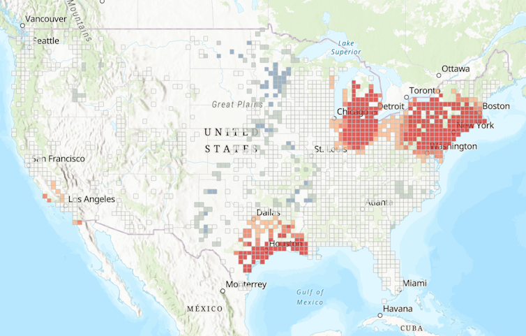 A map shows hot spots in the Northeast; along the Gulf Coast from Corpus Christi, Texas, to New Orleans; and along the southern end of the Great Lakes, particularly from Chicago to Detroit.